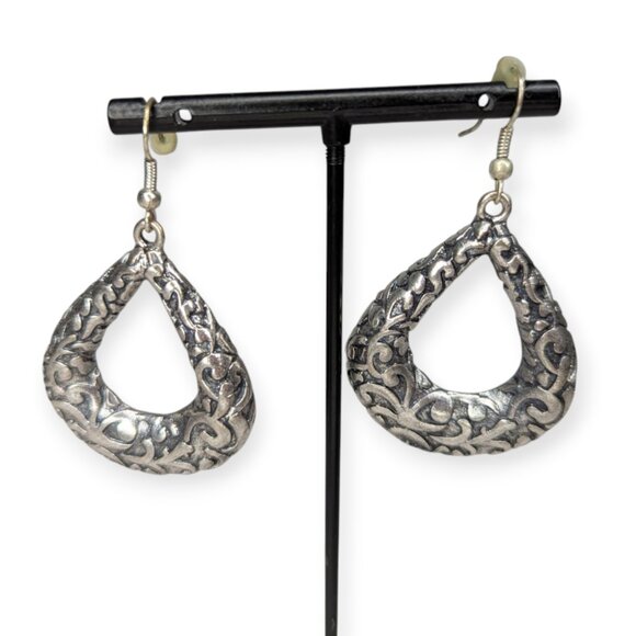 Silver Tone Filigree Tear Drop Dangle Earrings - Picture 1 of 9